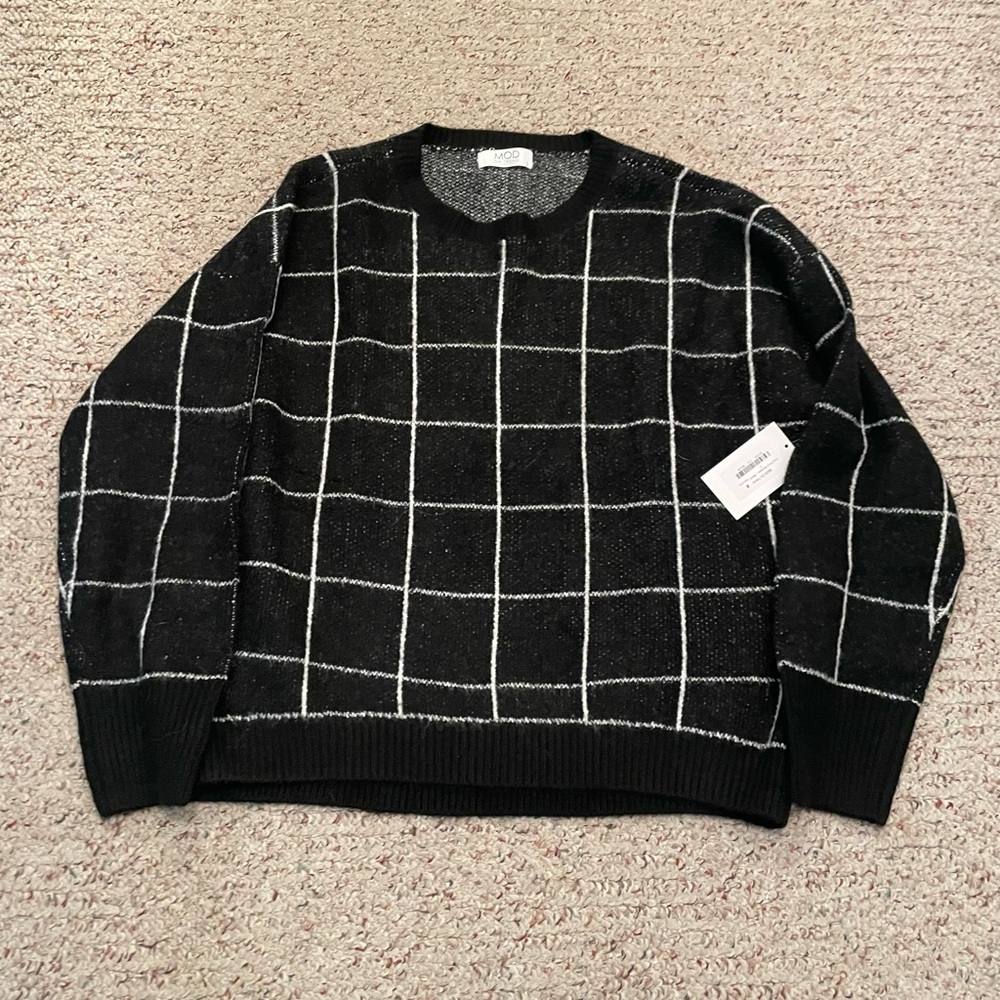 Black and White Crewneck Sweater with Grid Pattern
